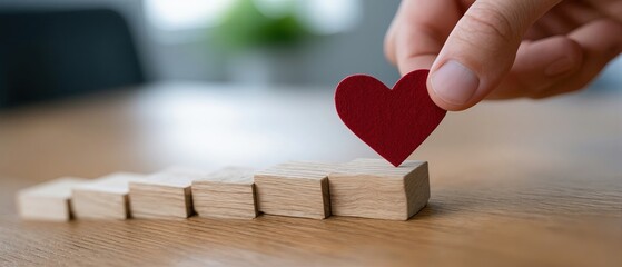 Aufkleber - Placing a Red Heart on Wooden Blocks Representing Growth and Progress, Symbolizing Love and Relationship Building : Generative AI