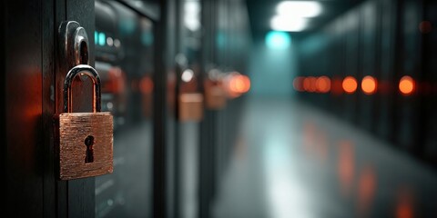 Aufkleber - Padlock Securing a Server Room Door, Symbolizing Cybersecurity and Data Protection for Business Continuity and Risk Management Planning : Generative AI