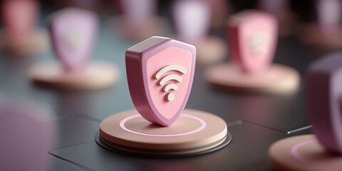 Aufkleber - Pink Shield With Wifi Symbol on Platform, Representing Network Security and Data Protection for Cybersecurity Solutions and Technology Innovation : Generative AI
