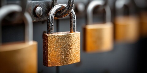 Fototapete - Golden Padlocks Hanging in a Row, Symbolizing Security and Data Protection in the Digital Age, Ideal for Cybersecurity Awareness Campaigns : Generative AI