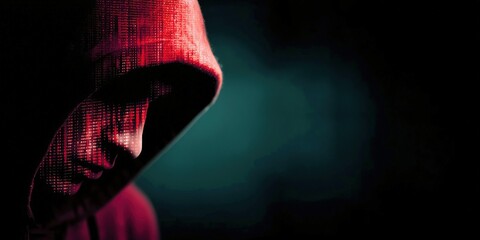 Aufkleber - Hacker in Hooded Sweatshirt With Binary Code Overlay, Representing Cybercrime and Data Security Solutions for Business : Generative AI