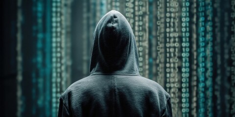 Aufkleber - Hacker in Hoodie Facing Binary Code, Illustrating Cybersecurity Threat and Data Privacy Concerns for Business and Technology Professionals : Generative AI