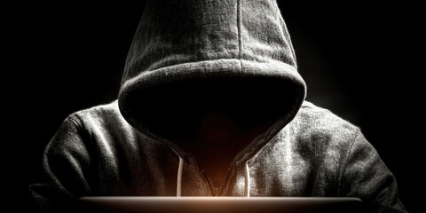 Fototapete - Mysterious Hacker in Hoodie Typing on Glowing Laptop in the Dark, Representing Cybercrime and Data Security Risks for Cybersecurity Awareness Campaigns : Generative AI