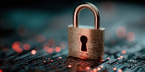 Aufkleber - Golden Padlock on Circuit Board With Glowing Lights, Symbolizing Cybersecurity and Data Protection in the Age of Digital Transformation and Technological Innovation : Generative AI