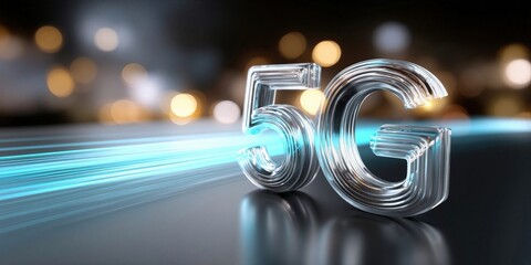Poster - Futuristic 5G Network Symbol With Glowing Light Trails, Representing High-Speed Connectivity and Digital Transformation : Generative AI