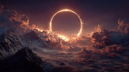 Wall Mural - Solar eclipse light ring. Moon flare glow in space effect. Total lunar phase with neon planet edge shine at night. Abstract magic astrology horizon. Cosmic outer purple and orange sunrise realistic