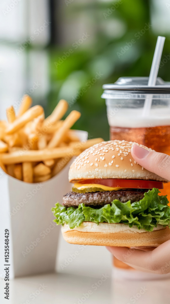 Clean ui interface design with full meal display of burger, fries, and ...
