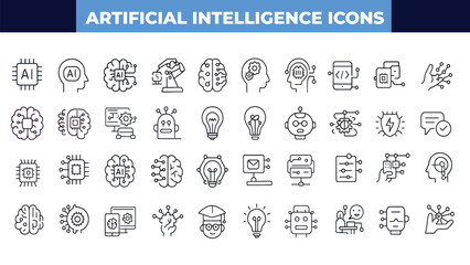 Artificial intelligence set of web icons in line style. AI technology icons for web and mobile app. Machine learning, digital AI technology, algorithm, smart robotic, cloud computing network