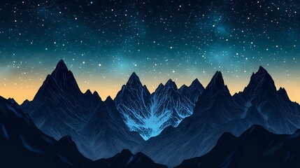 Wall Mural - mountain range silhouette with jagged peaks beneath a night sky full of stars and soft moonlight glo