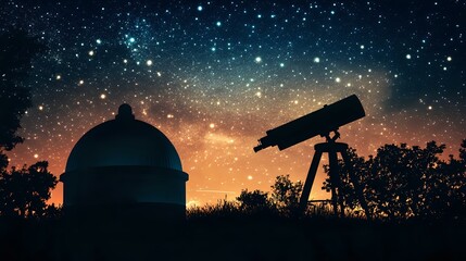 Wall Mural - silhouette of a distant observatory dome with telescope under a glowing night sky filled with stars