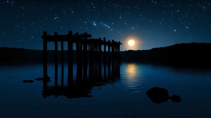 Wall Mural - silhouette of a river dock structure on still water with moonlight reflection and starry background