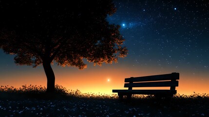 Wall Mural - silhouette of a rustic bench under a lone tree at night with glowing stars and moonlit horizon