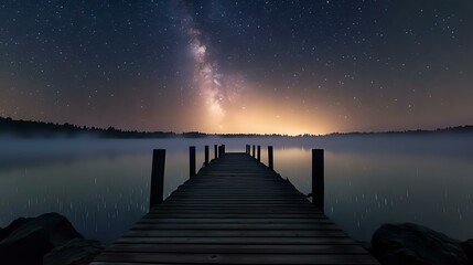 Wall Mural - silhouette of a wooden dock stretching into a misty lake under a glowing night sky and calm stars