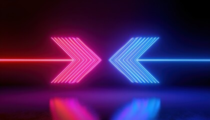 Leinwandbilder -  futuristic neon arrows facing each other in vibrant pink and blue light on dark reflective surface for digital design, tech branding, web interface, or modern poster background