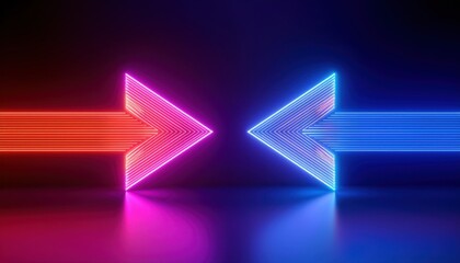 Leinwandbilder -  futuristic neon arrows facing each other in vibrant pink and blue light on dark reflective surface for digital design, tech branding, web interface, or modern poster background
