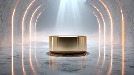 cylinder podium with gold glitter confetti and neon glowing line on black background - shimmering sp