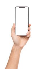 Fototapete - New trendy smartphone with empty screen in male hand, isolated on white background