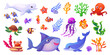 © ssstocker - Childish underwater animals set. Sea ocean inhabitant animal, tropical fish with algae coral marine world under water life dolphin jellyfish octopus, swanky vector illustration