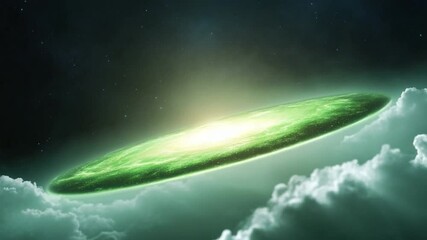 Leinwandbilder - Celestial vista: An otherworldly, luminous green disk hovers majestically above the clouds, creating an epic, fantasy landscape of awe and mystery.