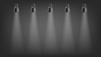 Poster - Five projectors on dark background. 3d vector effect isolated on transparent