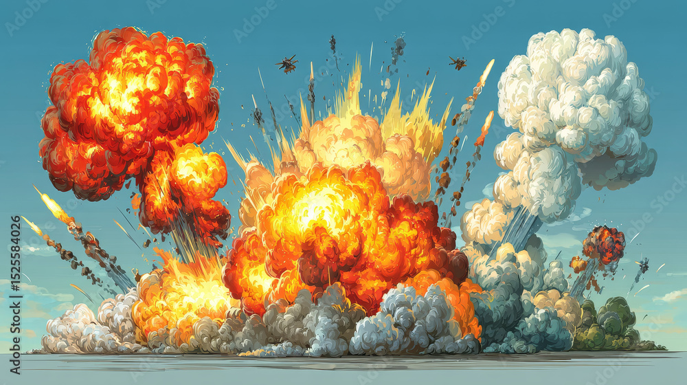 Cartoon dynamite or bomb explosion, fire set. Boom clouds and smoke ...