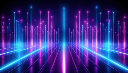Poster - futuristic neon corridor with symmetrical vertical light bars in blue and pink tones for tech branding, cyberpunk wallpaper, sci-fi web design, or digital media background

