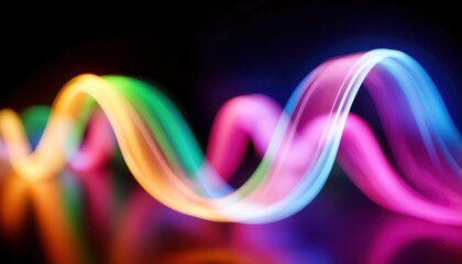 Poster - vibrant multicolor wave of neon light on black background with glossy reflection, perfect for web design, digital art, poster, or futuristic branding graphic

