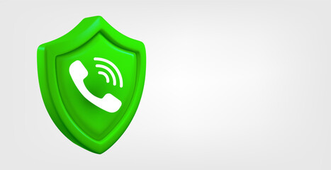 Aufkleber - Green shield with telephone call sign isolated on grey background. 3d vector banner with copy space