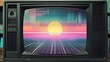 © BeeSee - 80s Retro wave style background displayed on vintage tv screen. VHS noise and glitch effects. Bright purple colors. Old display, created with generative ai
