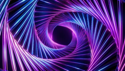 Poster - vibrant neon spiral tunnel of glowing fiber strands in purple and cyan tones on black background, perfect for tech branding, web design, futuristic concept art or motion graphic

