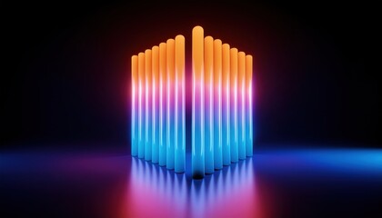 Leinwandbilder - glowing neon light trails converging in abstract symmetry with vibrant orange, blue, and pink hues on dark background, ideal for tech branding, web design, or digital art

