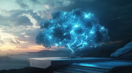 Wall Mural - glowing blue tree on mountaintop platform