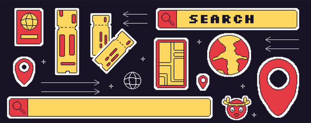 Wall Mural - travel elements pixel art set. 8bit web tourism sticker elements collection. retro location pin map,