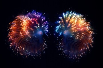 two colorful fireworks exploding in the night sky with orange and blue hues and sparkling light trai