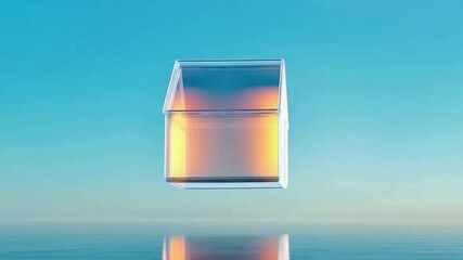 Poster - Glass Cube in Sky: A translucent glass cube hovers elegantly amidst a tranquil sea of blue sky, reflecting the warmth of light and evoking a sense of serenity.