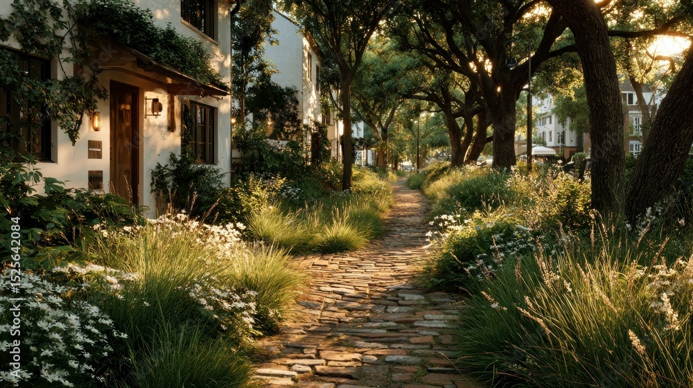 Charming Cobblestone Pathway Through Lush Gardens and Serene ...