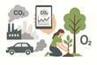 © Clara - Carbon footprint reduction concept. CO2 emissions from industry vs oxygen from trees. Woman planting sapling for a green city. Climate change solution vector illustration.