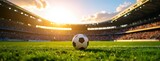 A soccer ball on a vibrant green field at sunset, symbolizing sportsmanship, team spirit, or global football events like the World Cup