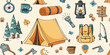 © hamid - Seamless summer camp pattern, travel and overnight in the forest. Outdoor Camping Adventure Elements. Lovely print for kids, travel tours, wallpaper, fabric, travel items on beige tan background