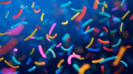 Poster - A festive and colorful party with flying neon confetti on a blue background