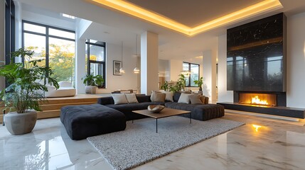 Aufkleber - a modern living room with warm led lighting fixtures illuminating the space efficiently, include a m