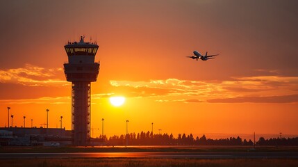 Aufkleber - Air traffic control tower of airport with a departing boeing 737 in the background at sunset