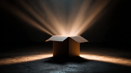 Aufkleber - An open cardboard box emits radiant light beams in a dark, expansive setting, evoking themes of discovery, potential, and the unknown