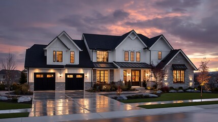 Poster - At twilight a luxurious home exterior in beautiful modern farmhouse style