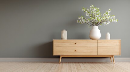 Poster - Beige wooden sideboard in front of a wall in a minimalistic interior design composition