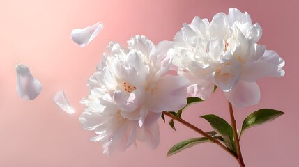 Poster - Beautiful white peony flowers and petals in flight against a light pink pastel background with copy space, a creative floral layout for spring, spring blossom backdrop