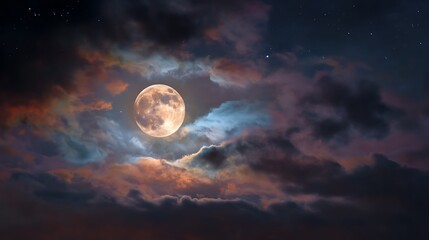 Poster - Captivating full moon illuminating clouds and stars in night sky, sky with moon and clouds