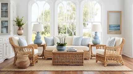 Poster - Coastal style room in light pastel hues with rattan furniture, mock up frame in interior background