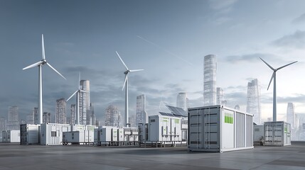 Poster - Concept of energy storage system, renewable energy - photovoltaics, wind turbines and li-ion battery container in morning fresh nature, 3d rendering