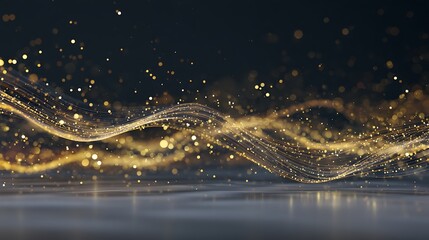 Aufkleber - Digital gold particles wave and light abstract background with shining floor particle stars dust, futuristic glittering luxury golden sparkling on black background